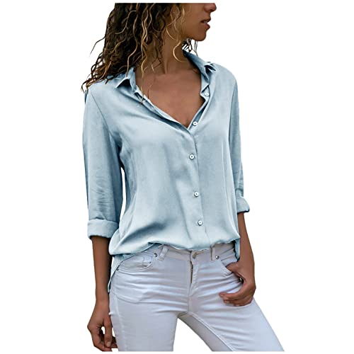 KOG Amazon Gutschein Langarmshirt Damen Langarm Shirts Einfarbig Tshirts Retro Baumwolle Kleidung Frauen T-Shirts Lässig Einfarbige Shirt Frau V-Ausschnitt Basic Tops Amazon Basics Himmelblau S von KOG