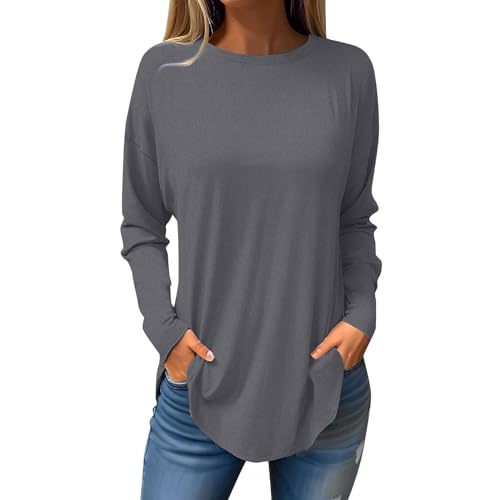 KOG Langarmshirt für Damen Langarm Bluse Einfarbige Shirts Elegante Baumwolle Tshirts Oberteile Mode Tops Frauen Rundhals Fashion Oberteil Grau 3XL von KOG