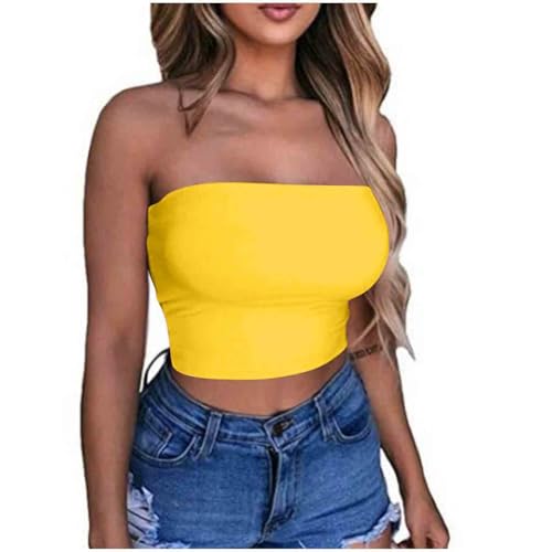 KOG Amazon Warehouse Deal Bandeau Top Damen Crop Tops Sexy Tube Top Frauen Sommer Y2k Aesthetic Clothes Off Shoulder Bauchfreie Trägerloser ärmellos Korsett Gutschein Amazon Gelb S von KOG