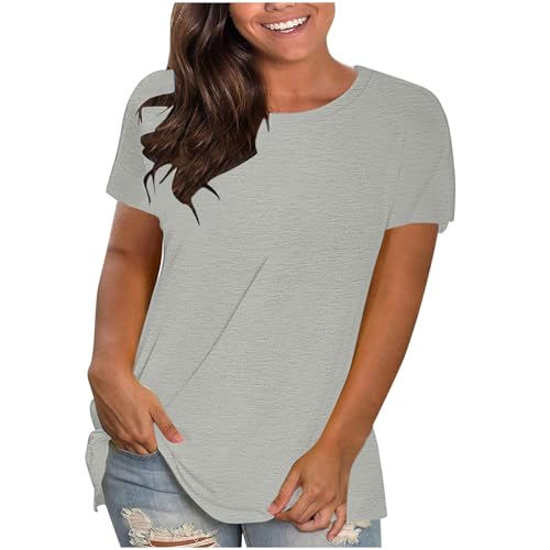 KOG Amazon Warehouse Deal Damen Shirts Elegante Einfarbige Kleidung Vintage Baumwolle Oberteil Tunika Freizeit Einfarbig Bluse Frau Rundhals Slim Fit T-Shirt Sale Angebote Grau L von KOG