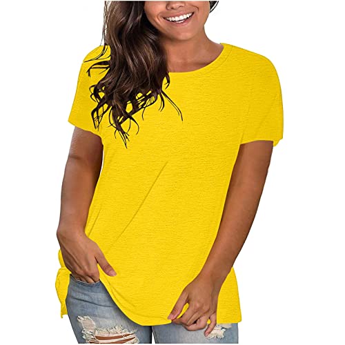 KOG Amazon Warehouse Deal Damen T-Shirts Casual Einfarbig Oberteile Elegant Baumwolle T-Shirt Teenager Mädchen Longshirt Vintage Tank Teenager Rundhals Lässig Tunika Warehouse Deal Gelb XL von KOG