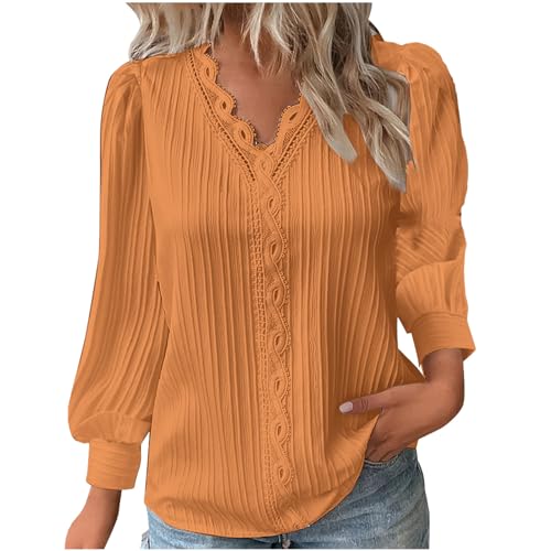 KOG Amazon Warehouse Deal Langarmshirt Damen Langarm Oberteil Einfarbige Tunika Mode Baumwolle Tuniken Bluse Vintage T-Shirt Frau V-Ausschnitt Oversize Bekleidung Gutscheine Orange M von KOG