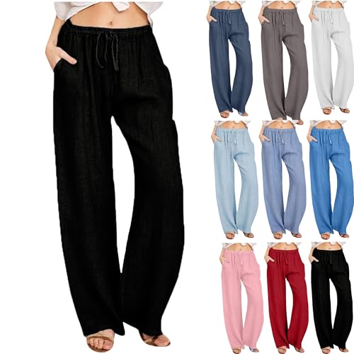 KOG Angebote Damen Hose Leinenhose Casual Sommerhose Baumwolle Elegante Cargohose Teenager Mädchen Jogging Hose Einfarbig Vintage Wanderhose Rot Slim Fit Loungehose Schwarz S von KOG