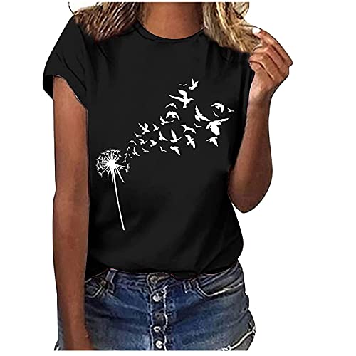 KOG Angebote Damen Shirt Casual Baumwolle Bluse Vintage Kurzarm Longshirt Teenager Mädchen Pullover Große Größen Oberteile Frauen Rundhals Freizeit Tshirts Blitzangebote des Tages Schwarz M von KOG