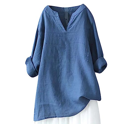 KOG Angebote Langarmshirt Damen Langarm Leinenbluse Kleidung Einfarbig Oberteil Retro Baumwolle Leinen Longshirt Top Teenager Mädchen V-Ausschnitt Warme Blusenshirt Amazon Basics Hellblau M von KOG