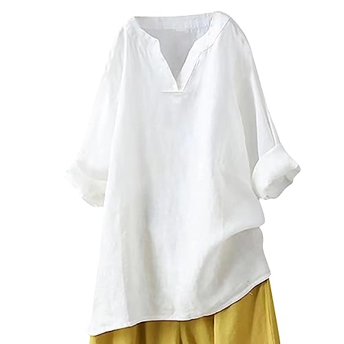 KOG Angebote Langarmshirt Damen Langarm Leinenbluse Shirt Einfarbig Oberteile Warme Baumwolle Leinen Kleidung Blusen Lässig Hemd Frau V-Ausschnitt Warmes Tshirts Sale Damen Weiß 3XL von KOG