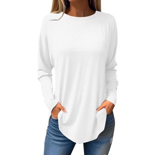 KOG Langarmshirt Damen Langarm Oberteile Einfarbig Tshirts Lose Baumwolle Tunika Frauen Hemd Mode Einfarbige Sweatshirt Frau Rundhals Vintage Blusenshirt Weiß S von KOG
