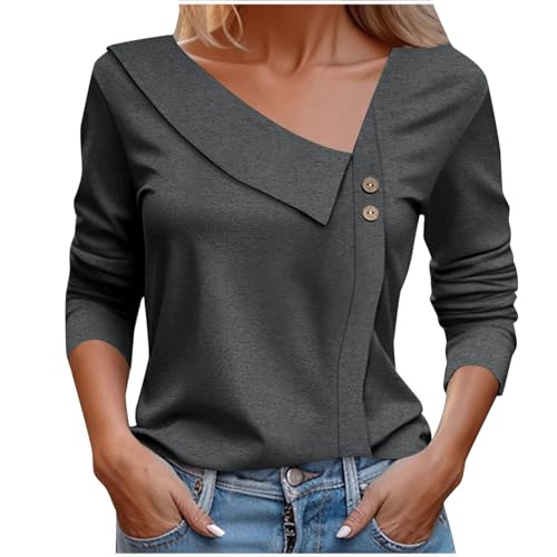 KOG Angebote Langarmshirt für Damen Langarm Shirt Einfarbige T-Shirt Herbst Baumwolle Shirts Frau Sweatshirt Retro Einfarbig Longbluse Frauen Rundhals Elegante Hemd Outlet Amazon Dunkelgrau XL von KOG