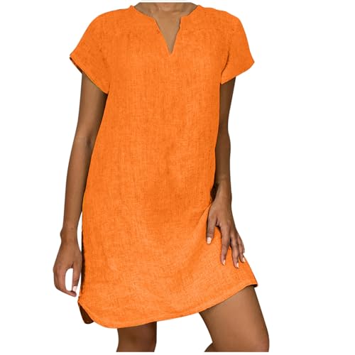 KOG Angebote Sommerkleid Sommerkleider Damen 2024 Sommerkleidung Leinenkleid Basic Strandkleider Elegant Frauen Freizeitkleid Boho-Kleid Baumwolle Kleid Hochzeitsgast Warehouse Deal Orange 5XL von KOG