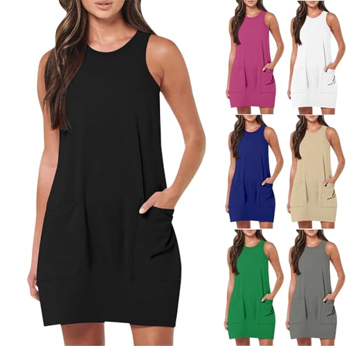 KOG Angebote Sommerkleid für Damen Sommerkleider Casual Kleider Einfarbig Elegant Bekleidung Hemdkleid Leicht Tshirt Kleid Shirtkleid Baumwolle Brautjungfernkleider Prime Schwarz XXL von KOG