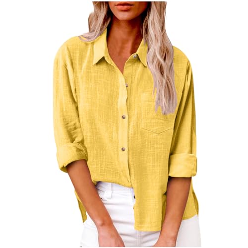 KOG Angebote des Tages Heute Blitzangebote Bluse Damen Langarm Hemd Oberteile Einfarbige Shirt Retro Leinenhemd Tuniken Frau Shirts Oversized Top Frauen Fashion Oberteil Gutschein Gelb S von KOG