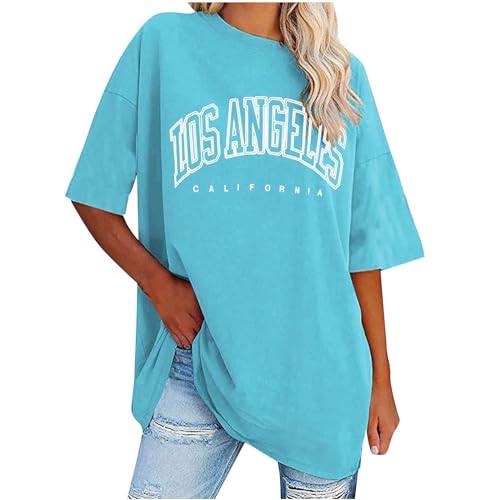 KOG Damen Shirts Basic Drucken Kleidung Casual Kurzarm Blusenshirt Tuniken Oversized Top Teenager Rundhals Lässig Blusen Himmelblau 5XL von KOG