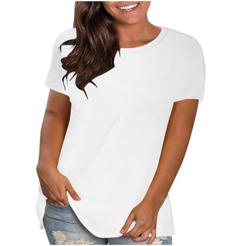 KOG Angebote des Tages Heute Blitzangebote Damen Tshirt Lose Einfarbige Bluse Freizeit Baumwolle Tunika Frauen T-Shirts Oversized Einfarbig Oberteil Frau Rundhals Basic Prime Weiß 5XL von KOG