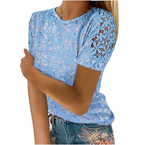 KOG Angebote des Tages Heute Damen T-Shirt Freizeit Print Tshirt Vintage Kurzarm Shirt T-Shirts Große Größen Grafik Longbluse Frau Scoop-Ausschnitt Lässig Tshirts Amazon Basics Blau XL von KOG