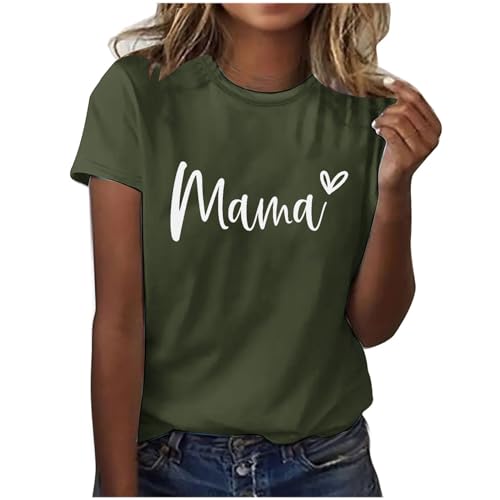 KOG Angebote des Tages Heute Damen T-Shirts Retro Mama Print T-Shirt Casual Baumwolle Bekleidung Mama Sommer Tops Rundhals Lässig Shirt Gutschein Amazon Armeegrün XL von KOG