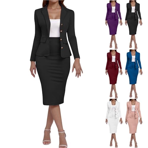 KOG Blazer Damen Elegant 2-Teiliges Outfit Rock Anzug Set Casual Outfits Business Kostüm Amazon Basics Frauen Festlich Bleistiftrock Anzug Set Jacke Jumpsuit Hosenanzug Sale Angebote Schwarz 5XL von KOG