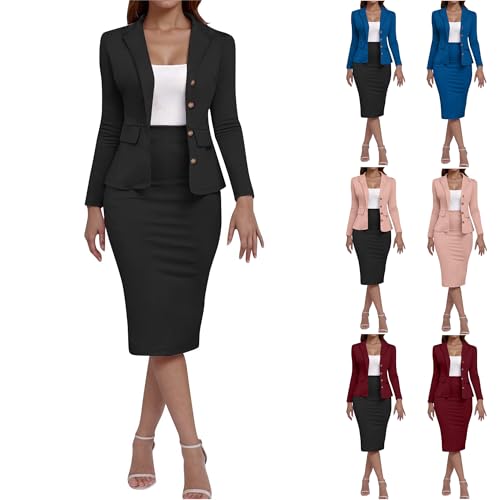 KOG Blazer Damen Elegant 2-Teiliges Outfit Rock Anzug Set Frauen Dünne Festlich Blazer Bleistiftrock Anzug Set Casual Outfits für Arbeit Business Kostüm Hosenanzüge Hosenanzug Schwarz 4XL von KOG