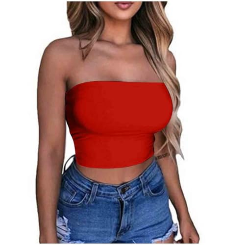 KOG Blitzangebote des Tages Bandeau Top Damen Crop Tops Sexy Tube Top Frauen Sommer Y2k Aesthetic Clothes Push up Bustier Bauchfreies Trägerloser ärmellos Korsett Sale Damen Rot XL von KOG