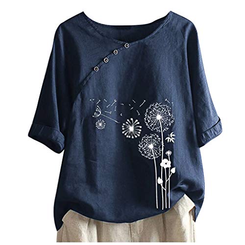 KOG Damen Tshirts Basic Leinenbluse Blusenshirt Casual Baumwolle Blusen Shirts Vintage Mode Motiv Longbluse Frau Rundhals Oversize Tuniken Marine 5XL von KOG