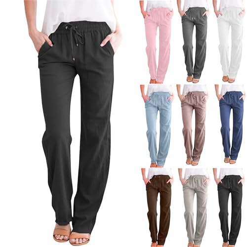 KOG Blitzangebote des Tages Leinenhose Damen Cargo Hose 2025 Sommerhose Leinen Cargohose Frau Jogginghosen Grafik Mode Gym Hose Weiße Haremshose Oversize Trekkinghose Sale Damen Schwarz 3XL von KOG