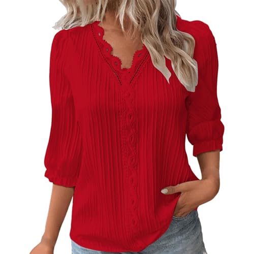 KOG Bluse Damen Elegant 3/4 Ärmel Oberteil Baumwolle Einfarbig Tshirt Lose 3/4-Ärmeln Blusen Blitzangebote des Tages Teenager Mädchen Pullover Retro T-Shirt Gutscheine Rot L von KOG