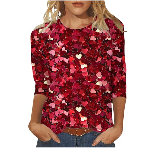 KOG Bluse Damen Elegant 3/4 Ärmel Oberteil Baumwolle Grafik Blusenshirt Vintage 3/4-Ärmeln Blusen Amazon Gutschein Frauen Tshirts Elegant Tie-Dye Muster Tuniken Angebote Rot M von KOG
