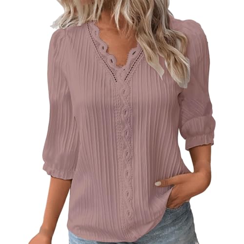 KOG Bluse Damen Elegant 3/4-Ärmeln Kleidung Baumwolle Einfarbig Tshirt Lässig 3/4 Ärmel Tshirts Warehouse Deal Frauen Oberteile Fashion Bluse Basic Longbluse Blitzangebote des Tages Roségold XXL von KOG