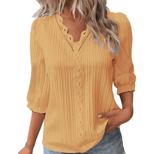 KOG Bluse Damen Elegant 3/4-Ärmeln Shirt Baumwolle Einfarbig Tshirt Mode 3/4 Ärmel Bluse Amazon Essentials Damen Longbluse Fashion T-Shirt Teenager Mädchen Blusen Gutscheine Gelb L von KOG