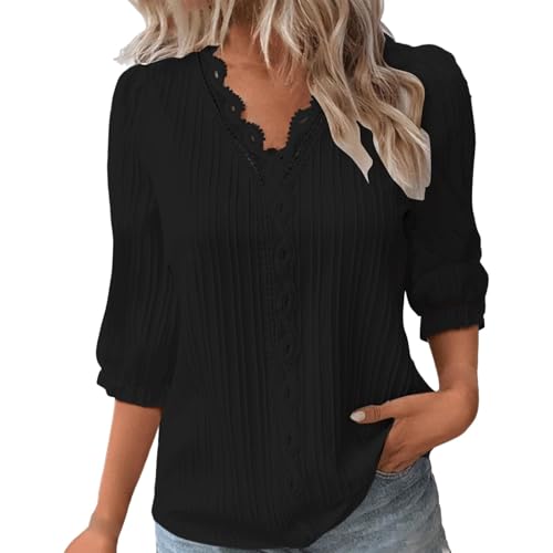 KOG Bluse Damen Elegant 3/4 Arm Kleidung Baumwolle Einfarbig Shirt Casual 3/4 Ärmel Longshirt Damen Tshirt Sale Frauen Pullover Freizeit Einfarbige Shirts Basic Longbluse Prime Schwarz M von KOG
