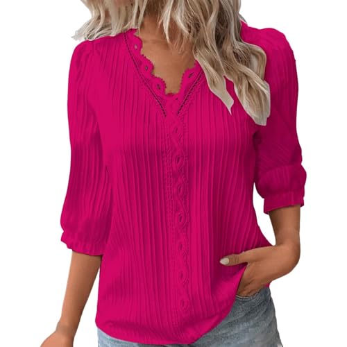 KOG Bluse Damen Elegant 3/4 Arm Kleidung Baumwolle Einfarbig Shirts Freizeit 3/4-Ärmeln Bekleidung Sale Damen Frauen Tshirts Vintage Blusen Frau Retro Top Meine Bestellungen Anzeigen Knalliges Pink L von KOG