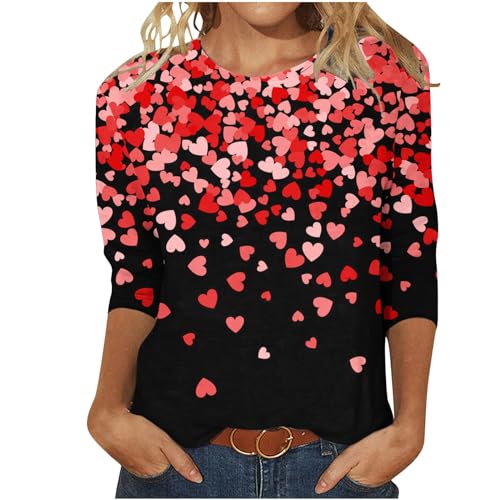 KOG Bluse Damen Elegant 3/4 Arm Kleidung Baumwolle Grafik Drucken Tshirt Mode 3/4 Ärmel Bluse Prime Tunika Elegante Grafik Shirts Frau Sweatshirt Amazon Essentials Damen Rot XL von KOG