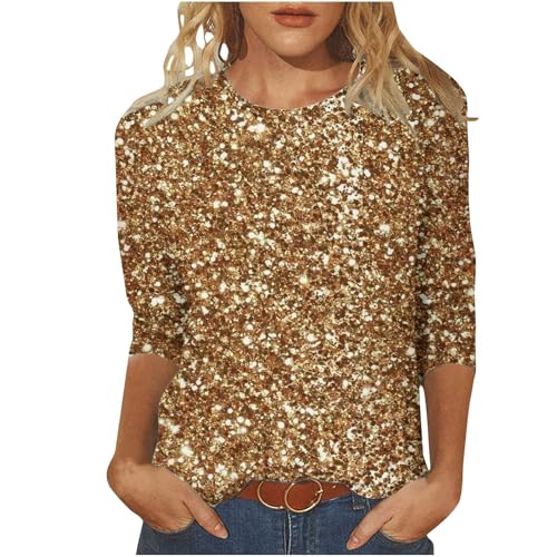 KOG Bluse Damen Elegant 3/4 Arm Shirt Baumwolle Grafik Drucken Tunika Elegant 3/4 Ärmel Oberteile Frau Pullover Vintage Mode Motiv Bekleidung Mode Tops Sale Angebote Gold M von KOG