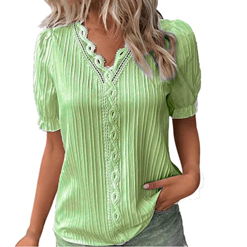 KOG Bluse Damen Elegant Kurzarm Bluse Baumwolle Einfarbig Shirts Mode Shirt Tuniken Vintage Einfarbige Oberteile Frau Blusenshirt Sale Grün XXL von KOG