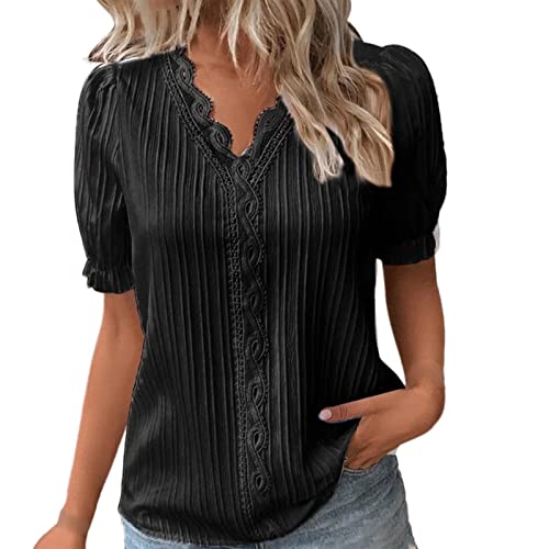 KOG Bluse Damen Elegant Kurzarm Kleidung Baumwolle Einfarbig Shirts Freizeit Bekleidung Sale Frauen Tshirts Vintage Blusen Frau Retro Top Meine Bestellungen Anzeigen Knalliges Schwarz XL von KOG