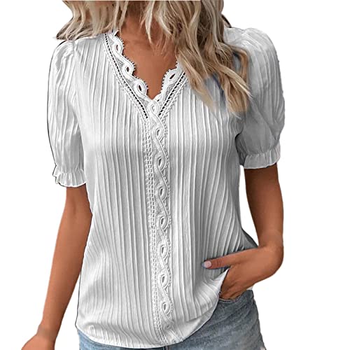 KOG Bluse Damen Elegant Kurzarm Oberteil Baumwolle Einfarbig Bluse Lässig Shirts Amazon Gutschein Tunika Casual Pullover Teenager Mädchen Elegante Blusen Tuniken Prime Weiß XL von KOG