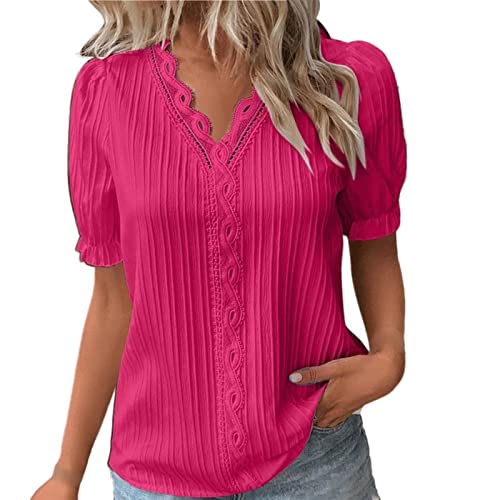 KOG Bluse Damen Elegant Kurzarm Shirt Baumwolle Einfarbige Tunika Mode Oberteile Warehouse Deal Frau Pullover Basic Einfarbig Kleidung Frauen Freizeit Gutscheine Knalliges Pink M von KOG