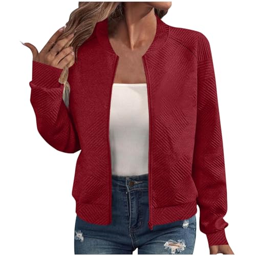 KOG Bomberjacke Damen Herbstjacke Casual Wintermantel College Jacke Einfarbige Oberteil Frau übergangsjacken Elegante Strickjacken Basic Pullover Vliesjacke Fahrradjacke Cordjacke Rot XL von KOG