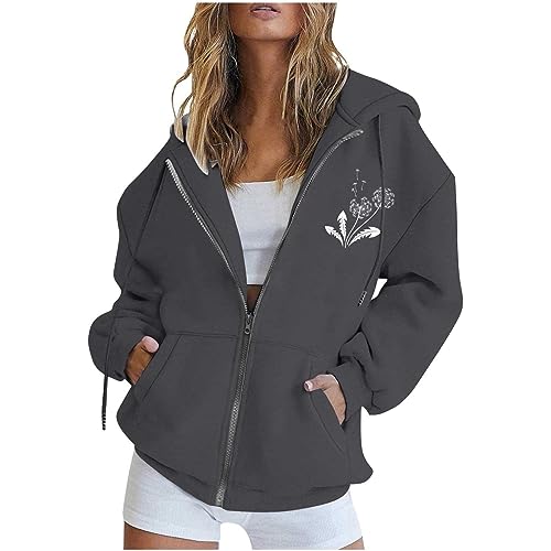 KOG Bomberjacke Damen Herbstjacke Freizeit Wintermantel Sportjacke Grafik Bekleidung Frauen übergangsjacke Warmes Blusenjacke Warme Kapuzenjacke Vliesjacke Trainingsjacke Steppmantel Dunkelgrau XL von KOG