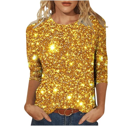 KOG Damen Elegant 3/4 Arm Bluse Baumwolle Grafik Longshirt Lose 3/4-Ärmeln Shirts Sale Damen Frau Blusen Mode Longbluse Teenager Mädchen Lässig Tuniken Angebote des Tages Heute Gold M von KOG