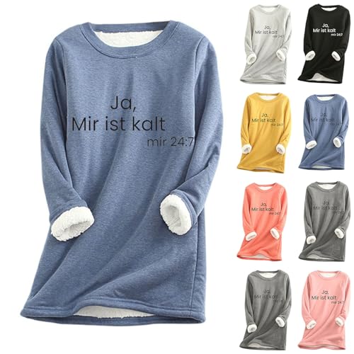 KOG Damen Fleece Sweatshirts Fleecepullover Ja Mir Ist Kalt Pullover Winter Sherpa Gefütterter Thermounterwäsche Warms Fleecepulli Teddy Plüsch Pulli Baumwolle Langarmshirt Angebote Blau M von KOG
