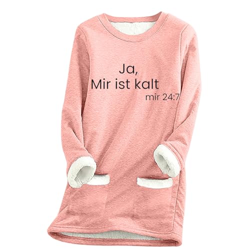 KOG Damen Fleece Sweatshirts Fleecepullover Ja Mir Ist Kalt Pullover Winter Sherpa Gefütterter Thermounterwäsche Warms Fleecepulli Teddy Plüsch Pulli Baumwolle Langarmshirt Gutscheine Rosa XXL von KOG