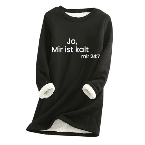 KOG Damen Fleece Sweatshirts Fleecepullover Ja Mir Ist Kalt Pullover Winter Sherpa Gefütterter Thermounterwäsche Warms Fleecepulli Teddy Plüsch Pulli Baumwolle Langarmshirt Gutscheine Schwarz L von KOG