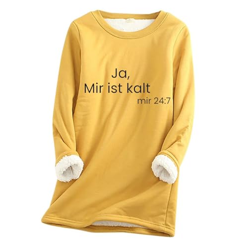 KOG Damen Fleece Sweatshirts Fleecepullover Ja Mir Ist Kalt Pullover Winter Sherpa Gefütterter Thermounterwäsche Warms Fleecepulli Teddy Plüsch Pulli Baumwolle Langarmshirt Sale Angebote Gelb L von KOG