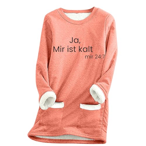 KOG Damen Fleece Sweatshirts Fleecepullover Ja Mir Ist Kalt Pullover Winter Sherpa Gefütterter Thermounterwäsche Warms Fleecepulli Teddy Plüsch Pulli Baumwolle Langarmshirt Sale Damen Orange M von KOG