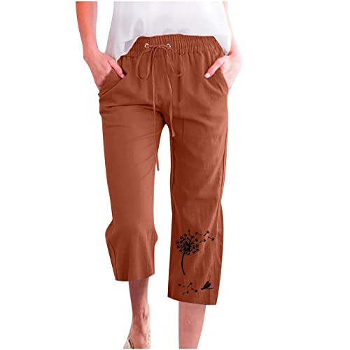 KOG Damen Hosen Leinenhose 2024 Sommerhose Baumwolle Sommer Cargo Hose Frauen Jogginghosen Print Sexy Sporthose Weiß Haremshose Kurzgrößen Schlaghosen Gutschein Kaffee XL von KOG