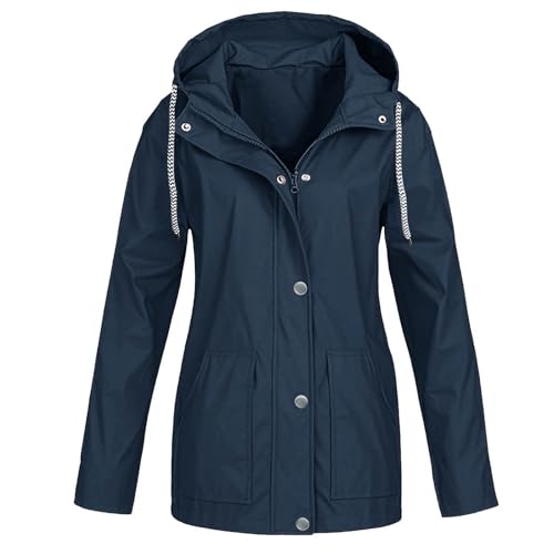 KOG Damen Regenjacke Wasserdicht Funktionsjacke Elegant Windbreaker Sport Jacke Einfarbig Bekleidung Frauen Regenponcho Atmungsaktiv Bikerjacke Mode Hoodie Jacke Frau Regencape Marine L von KOG