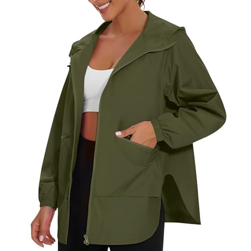 KOG Damen Regenjacke Wasserdicht Herbstjacke Dünne Regenmantel Sport Jacke Solid Oberteile Frauen Radjacke Herbst Windjacke Freizeit Hoodie Jacke Teenager Mädchen Kapuzenjacke Grün XL von KOG