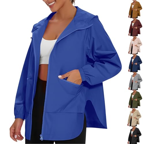 KOG Damen Regenjacke Wasserdicht Herbstjacke Mode Laufjacke Jacken Einfarbig Oberteile Teenager Mädchen Kapuzenjacke Elegante Bomberjacke Oversized Jacke Frau Windbreaker Blau XXL von KOG