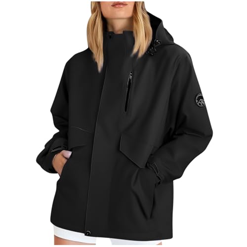 KOG Damen Regenjacke Wasserdicht Outdoorjacke Casual Regenjacken Motorrad Jacke Solid Kleidung Teenager Mädchen Übergangsjacke Herbst Elegant Zipper Jacke Frauen Winterjacke Schwarz XXL von KOG