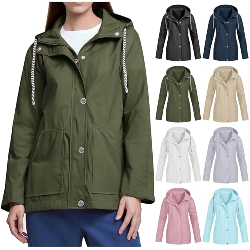 KOG Damen Regenjacke Wasserdicht Outdoorjacke Dünne Fahrradmantel Jacken Einfarbige Bekleidung Frauen Wanderjacke Elegante Trachtenjacke Große Größen Zipper Jacke Frau Regenponcho Armeegrün XXL von KOG